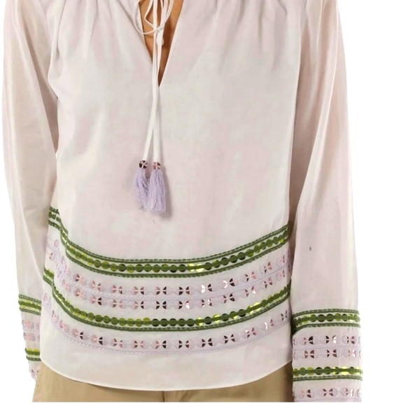 Tory Burch White Tunic with Lavendar and Green Sequin Embroidery. - Picture 2 of 15